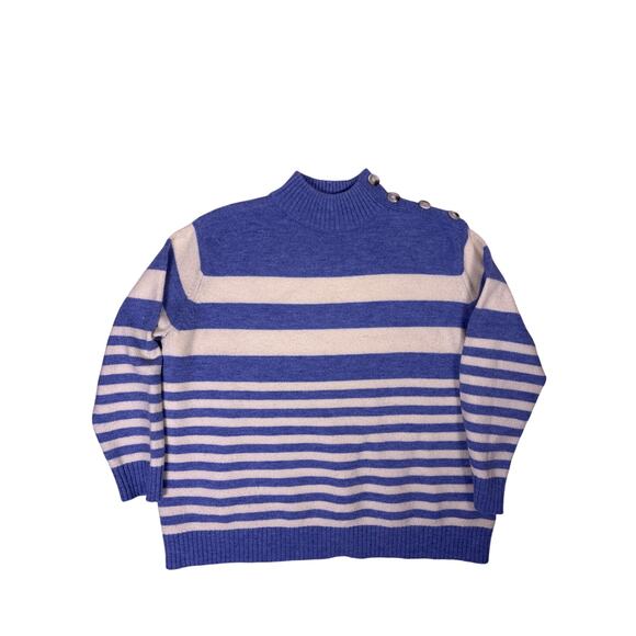 First Avenue Sweaters - Womens Large Blue Striped Sweater Button Shoulder Old Money Minimalist Knit